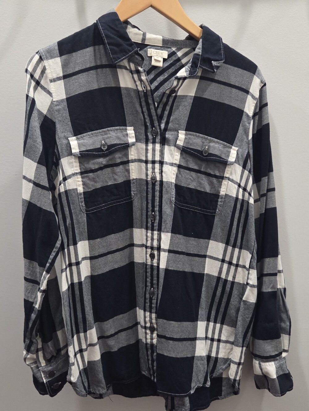 J.Crew Navy and White Plaid Button-Up Shirt, Women's Medium